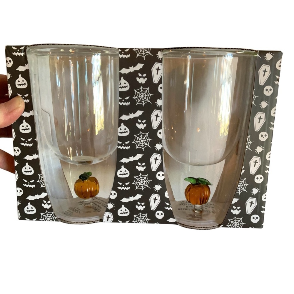 Drinking Glasses Set of 2 Pumpkin Double Walled Cold Beverage Cups‎ Glass NWT